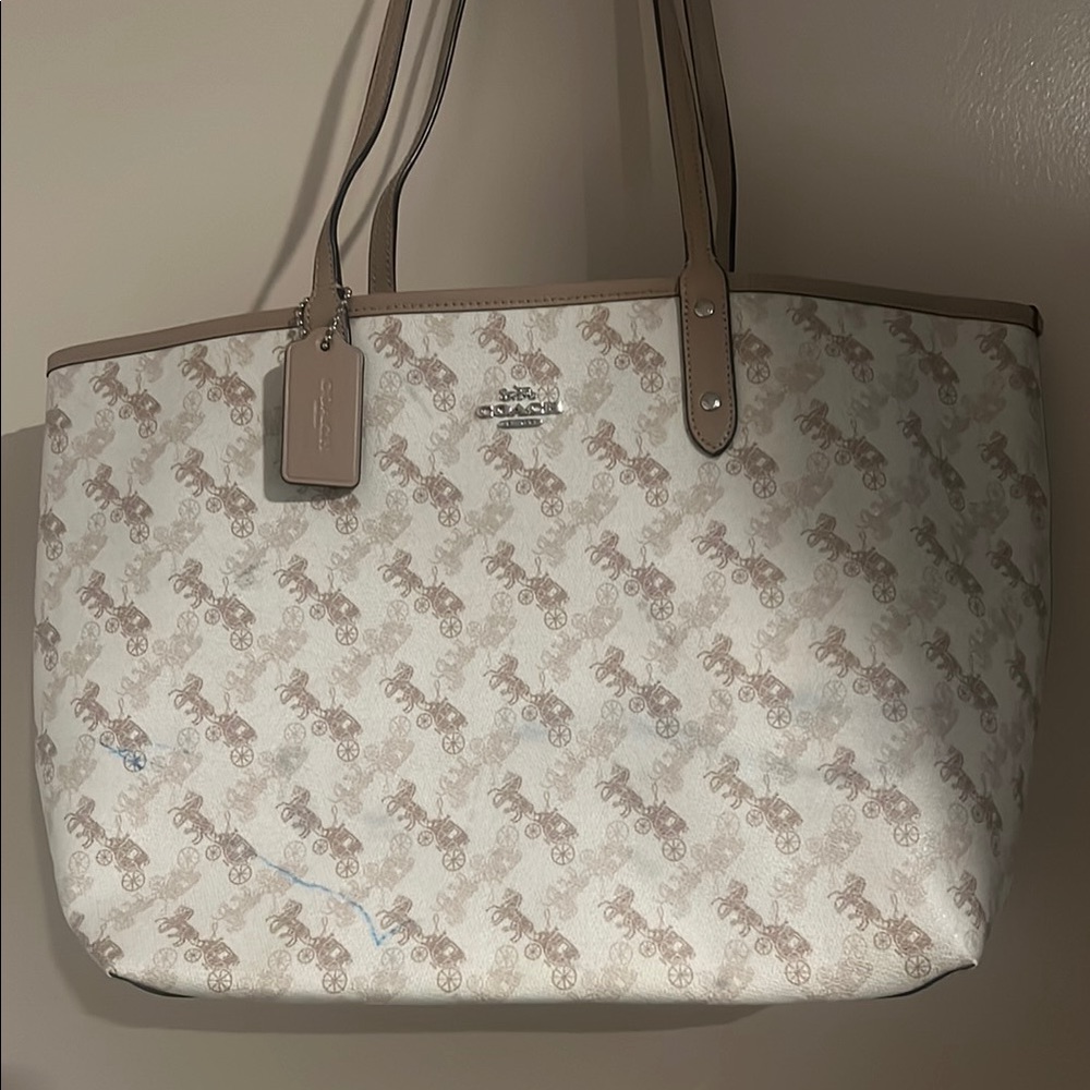 Coach Horse and Carriage reversibleTote - Cream and Brown/ visible ink mark